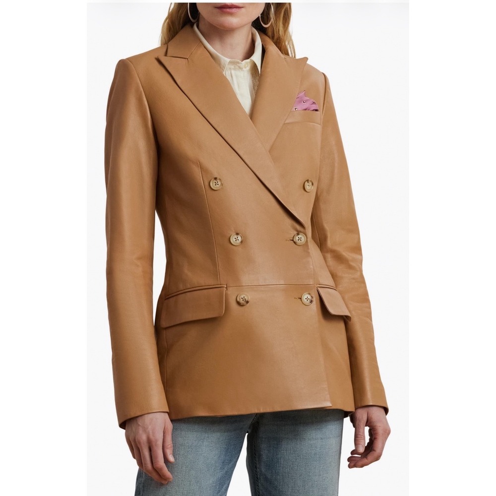 Lauren Ralph Lauren Tan Double Breasted Lambskin Leather Blazer NWT Size 10